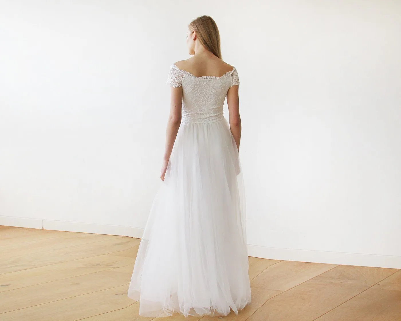 Ivory Off-The-Shoulder Short Sleeves Dress #1139