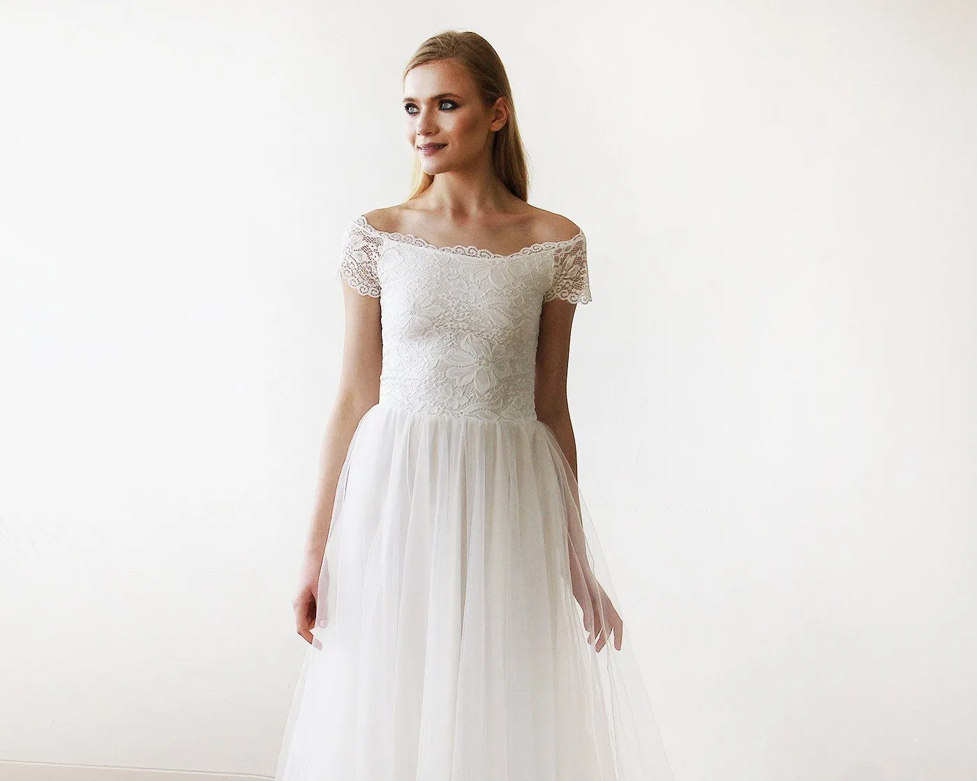 Ivory Off-The-Shoulder Short Sleeves Dress #1139