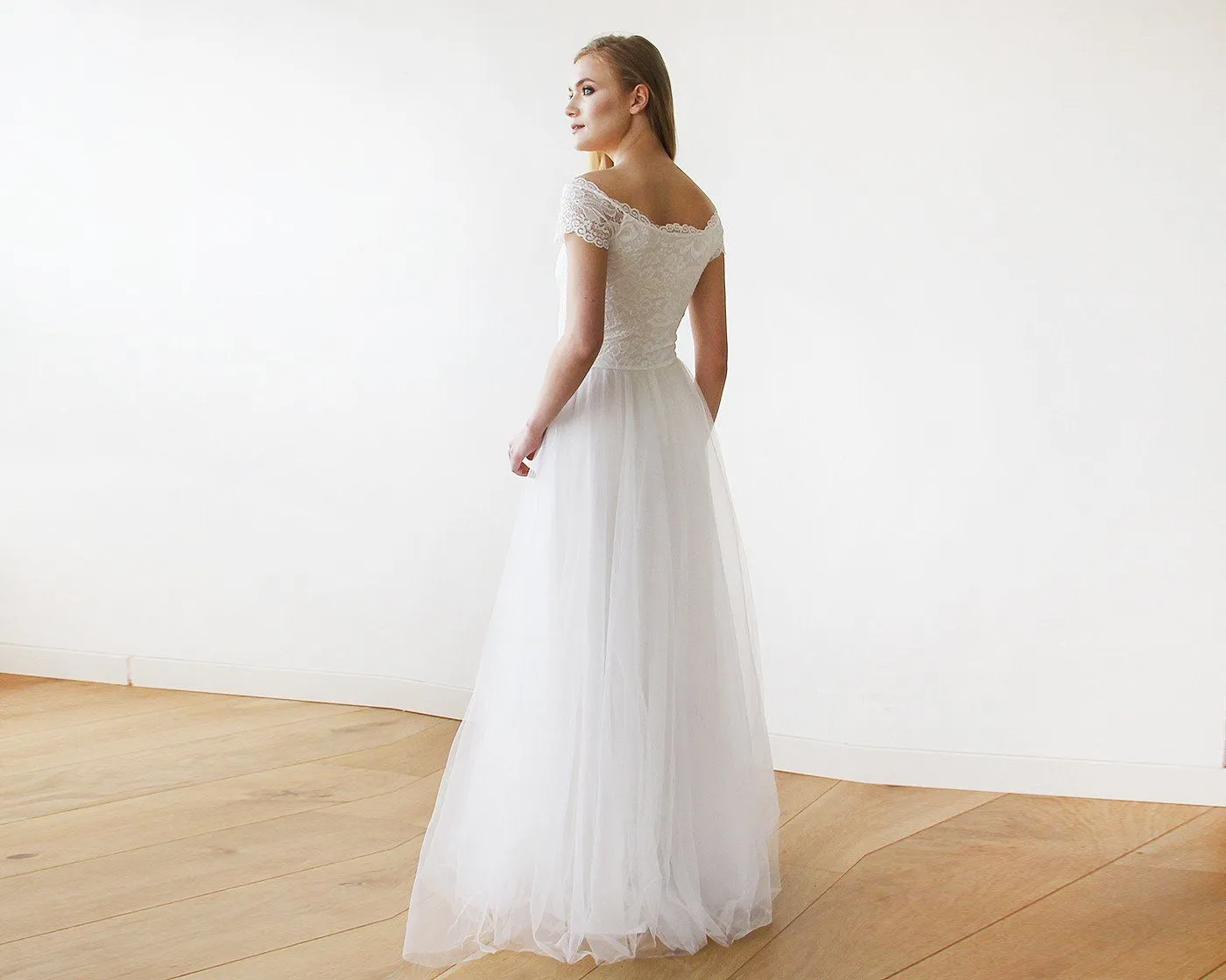 Ivory Off-The-Shoulder Short Sleeves Dress #1139