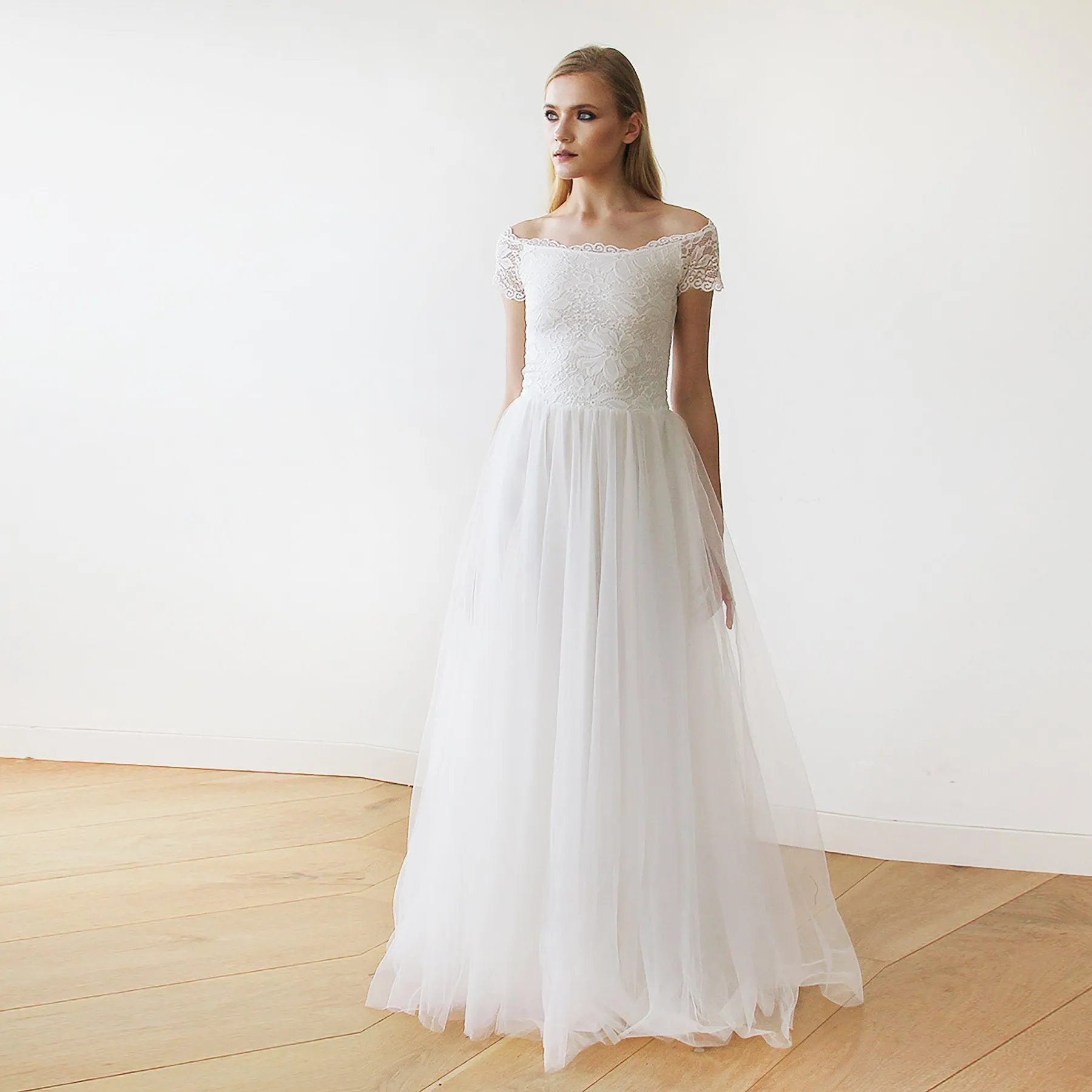 Ivory Off-The-Shoulder Short Sleeves Dress #1139