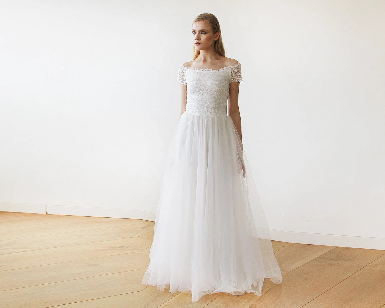 Ivory Off-The-Shoulder Short Sleeves Dress #1139