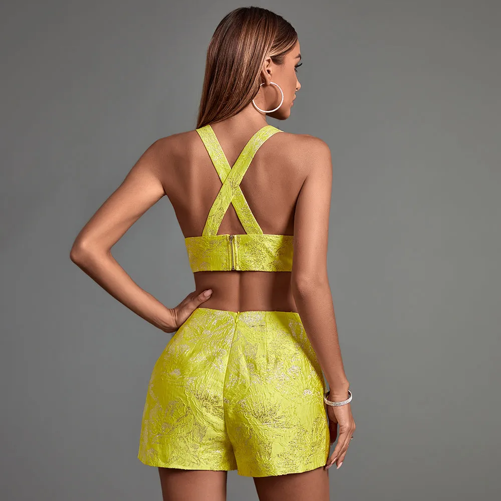 Jacquard Plunge Neckline Shorts Suit