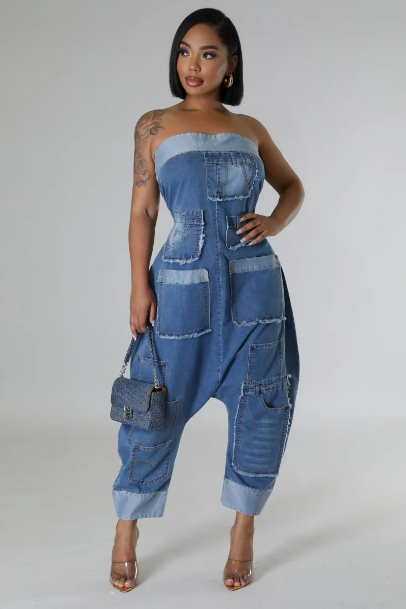 Jagged Edge Harem Denim Jumpsuit - Also Available in Plus Size