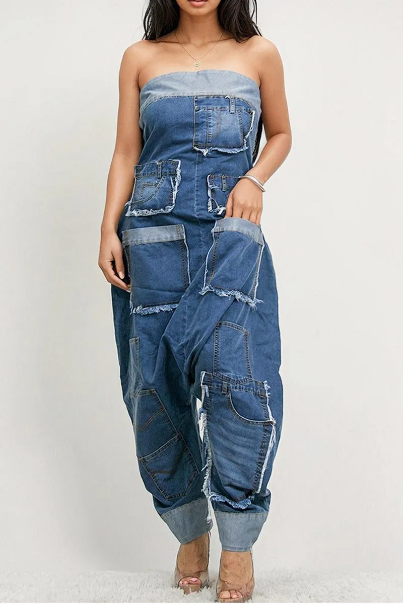 Jagged Edge Harem Denim Jumpsuit - Also Available in Plus Size