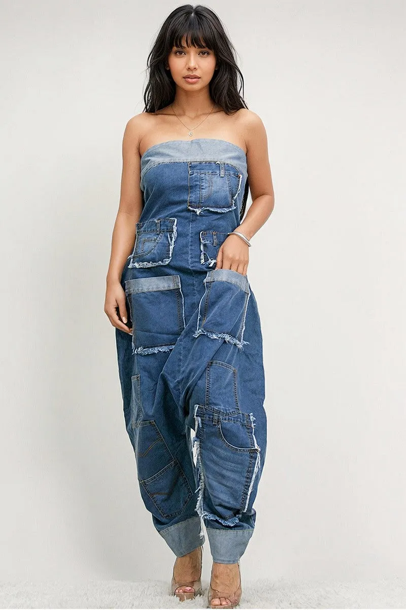 Jagged Edge Harem Denim Jumpsuit - Also Available in Plus Size