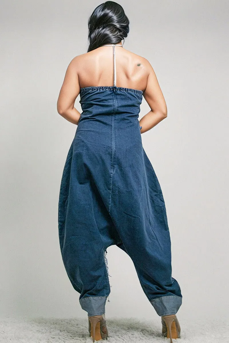 Jagged Edge Harem Denim Jumpsuit - Also Available in Plus Size