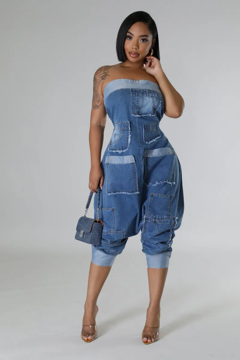 Jagged Edge Harem Denim Jumpsuit - Also Available in Plus Size