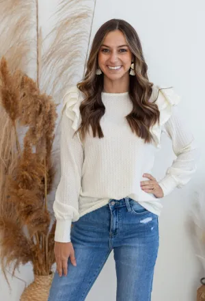 Jamee Ruffle Shoulder Top in Ivory