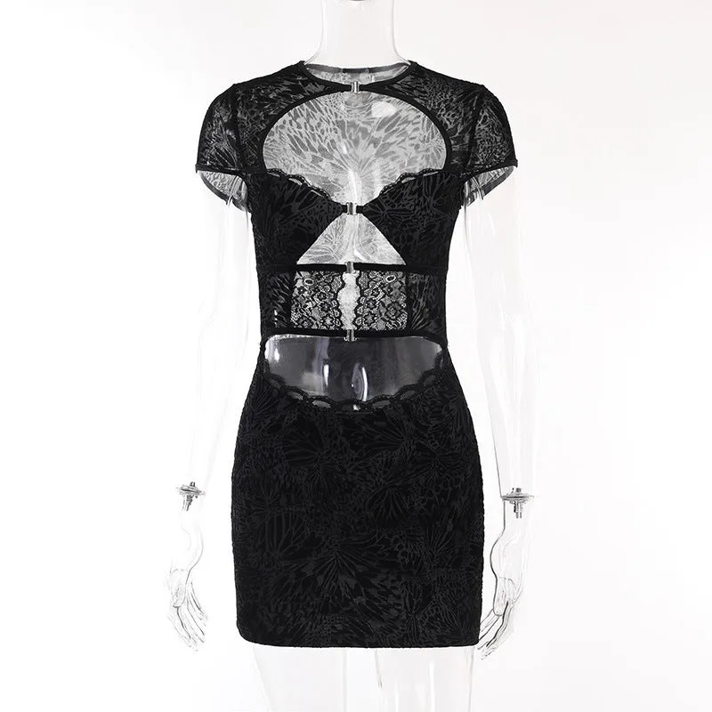 JY23463Autumn New Hot Girl Sexy Slim Hip Short Skirt Fashion Flocking Lace Hollow Dress Women