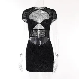 JY23463Autumn New Hot Girl Sexy Slim Hip Short Skirt Fashion Flocking Lace Hollow Dress Women