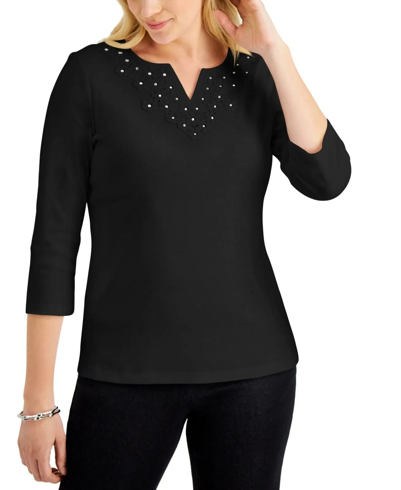 Karen Scott Petite Embellished Flower Crochet Top
