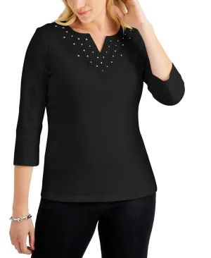 Karen Scott Petite Embellished Flower Crochet Top