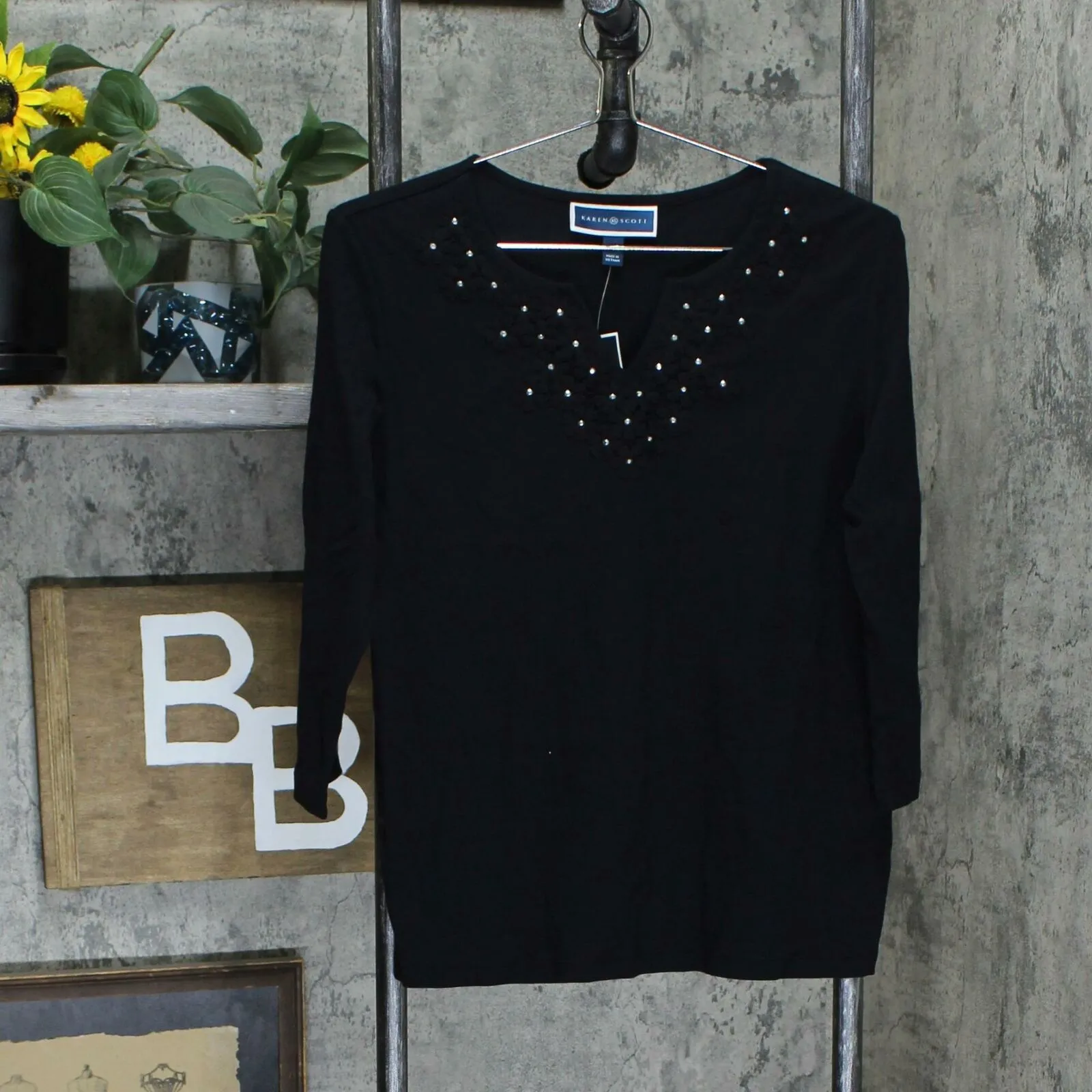 Karen Scott Petite Embellished Flower Crochet Top