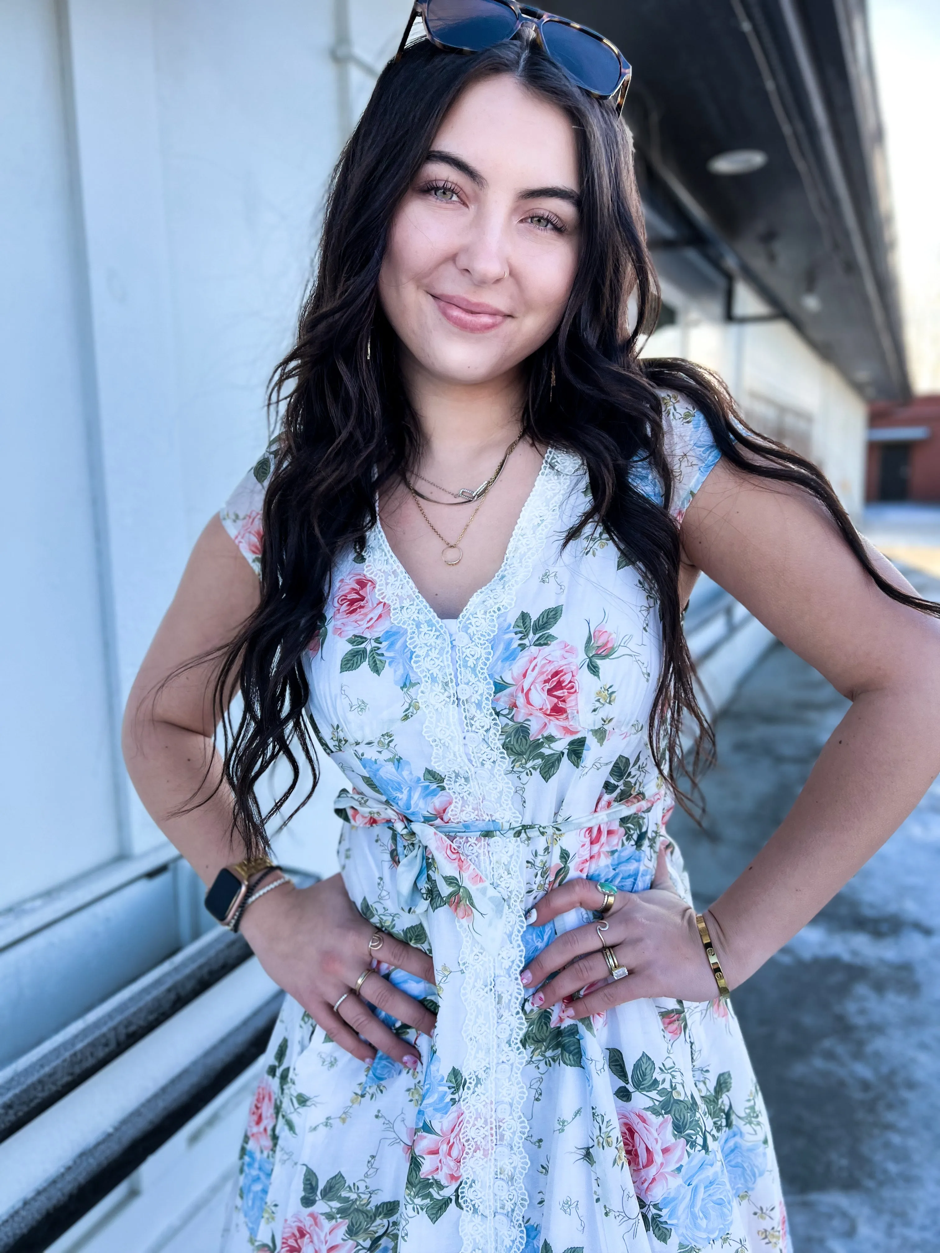 Katie Floral Lace Trim Button Down Dress