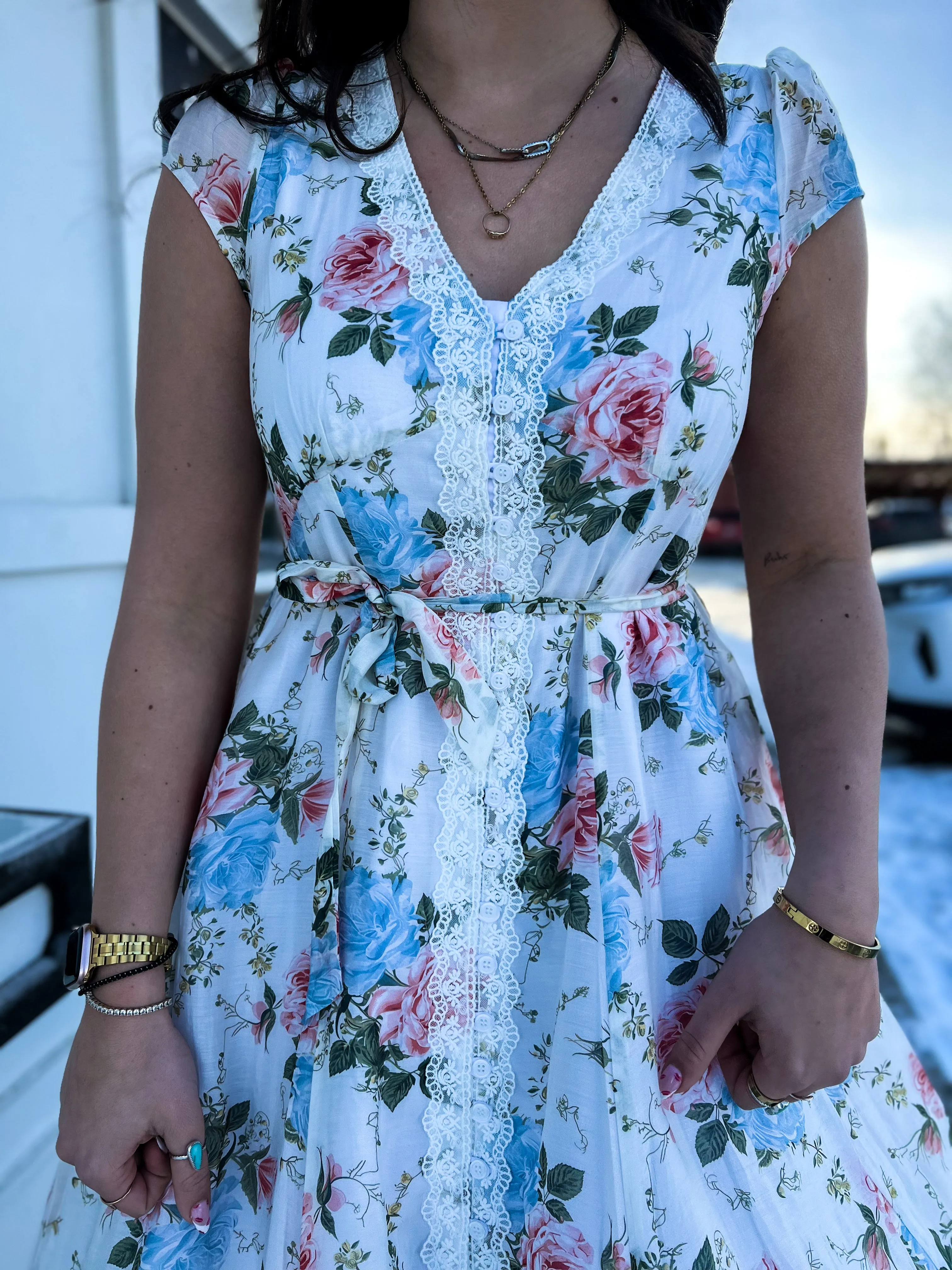 Katie Floral Lace Trim Button Down Dress