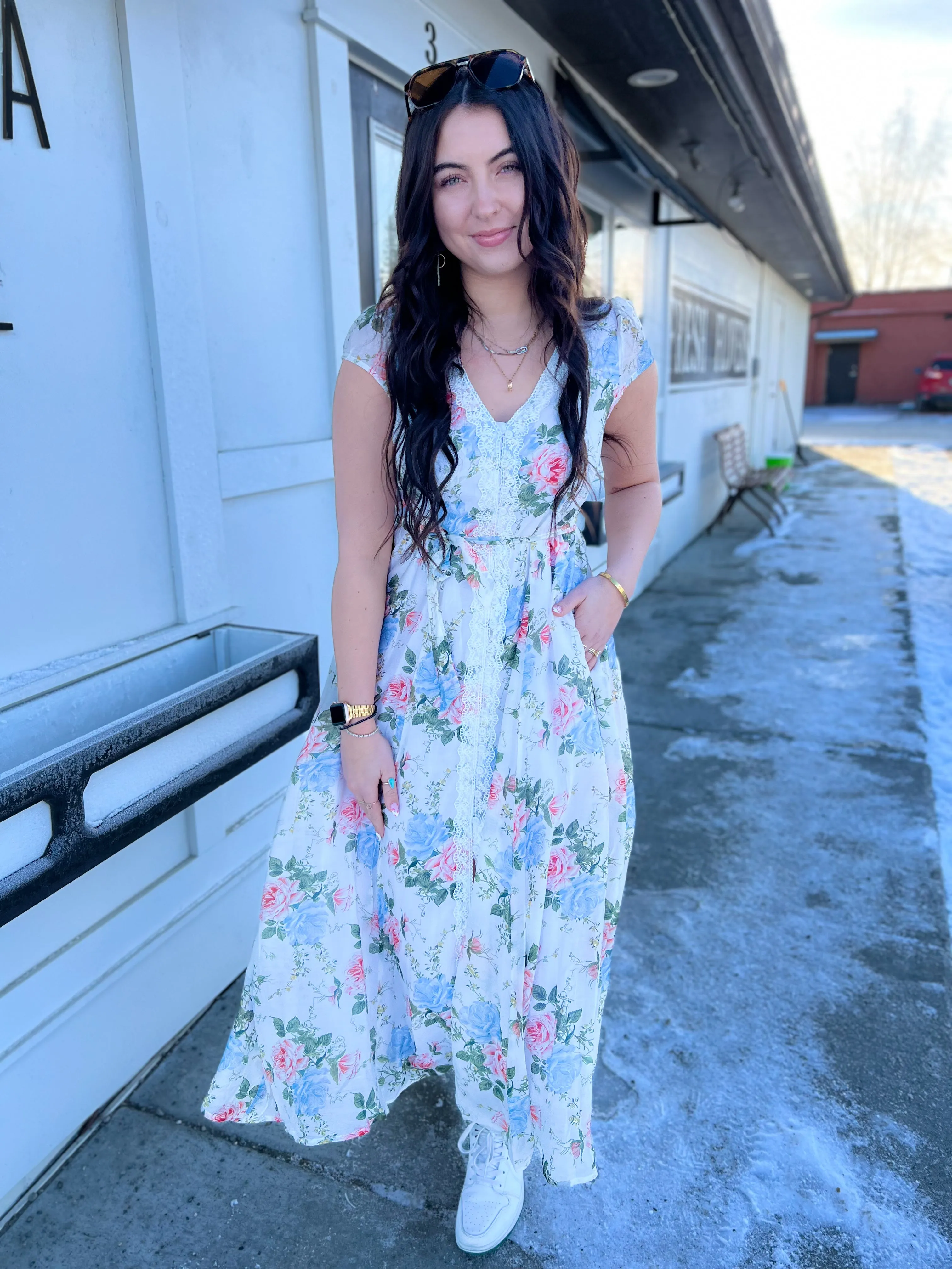 Katie Floral Lace Trim Button Down Dress