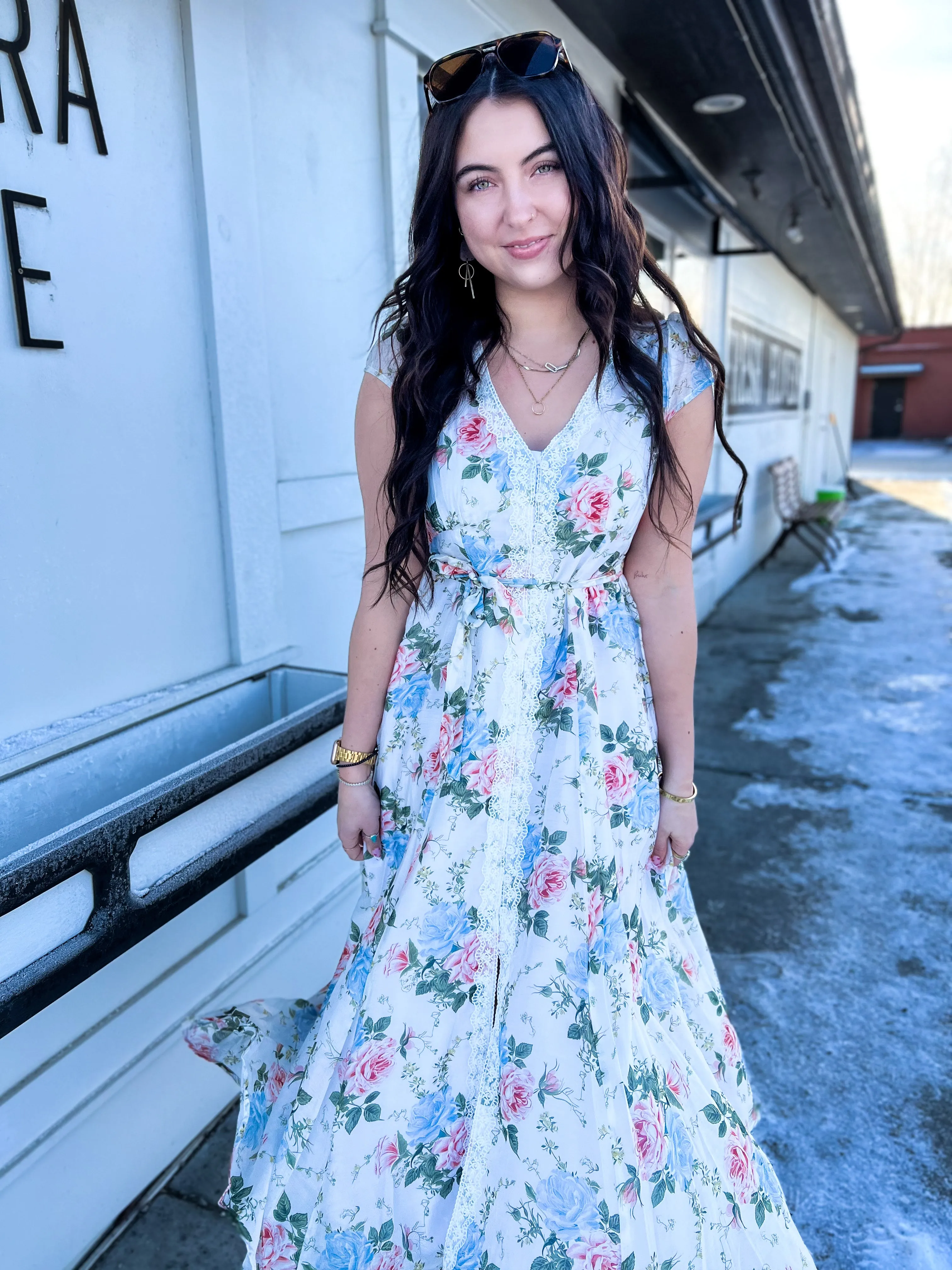 Katie Floral Lace Trim Button Down Dress