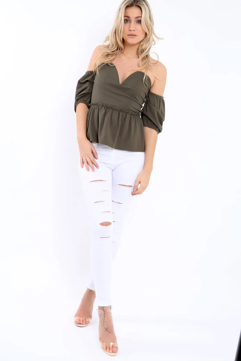 Khaki Bardot V Plunge Ruffle Hem Top - Norah
