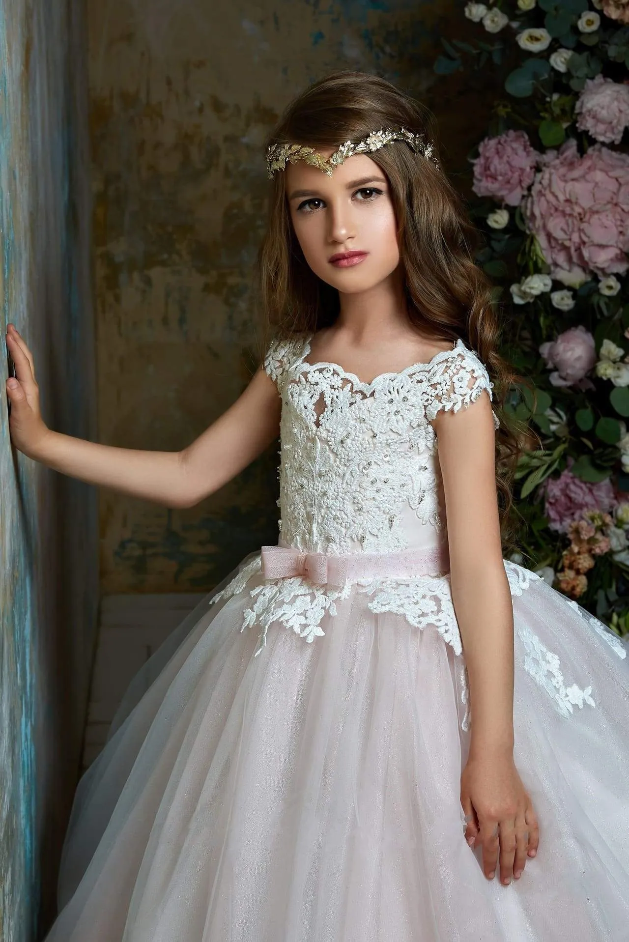 Lace off the shoulder Tulle Flower Girl Dress