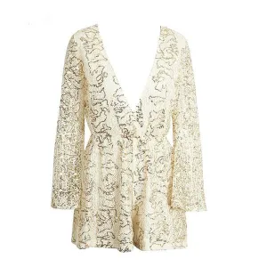 Lace sequin long flare sleeve jumpsuit romper