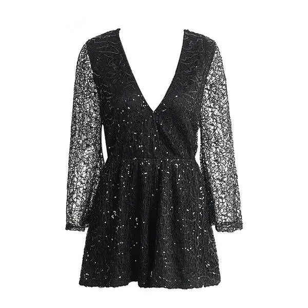 Lace sequin long flare sleeve jumpsuit romper
