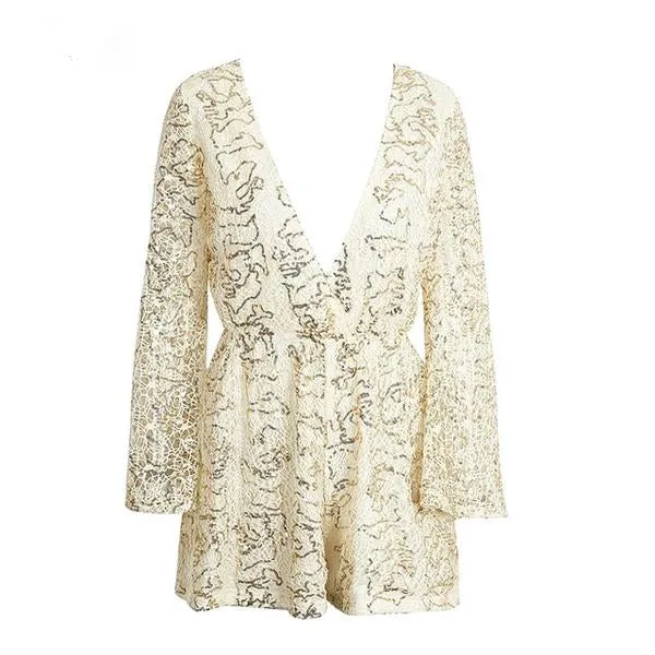 Lace sequin long flare sleeve jumpsuit romper