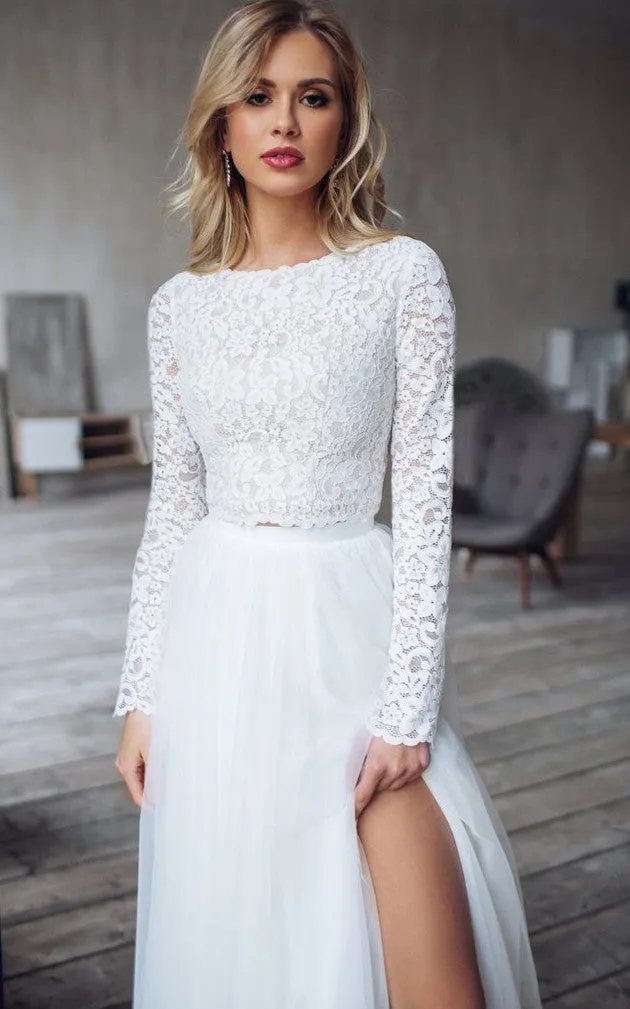 Lace Tulle Floor-length Sweep Train Two Piece Long Sleeve Simple Wedding Dress-716005