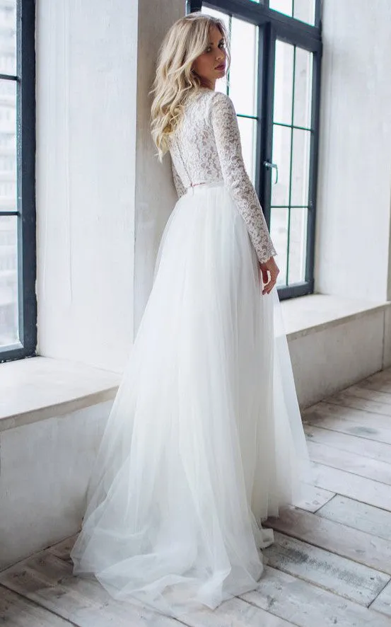 Lace Tulle Floor-length Sweep Train Two Piece Long Sleeve Simple Wedding Dress-716005