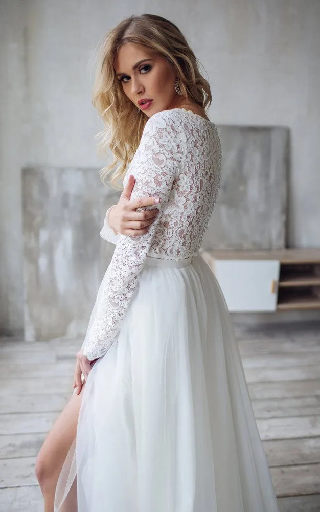 Lace Tulle Floor-length Sweep Train Two Piece Long Sleeve Simple Wedding Dress-716005