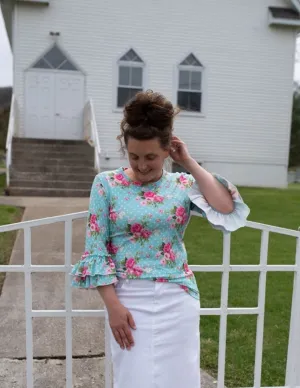 Ladies Aqua Floral Ruffle Sleeve Top