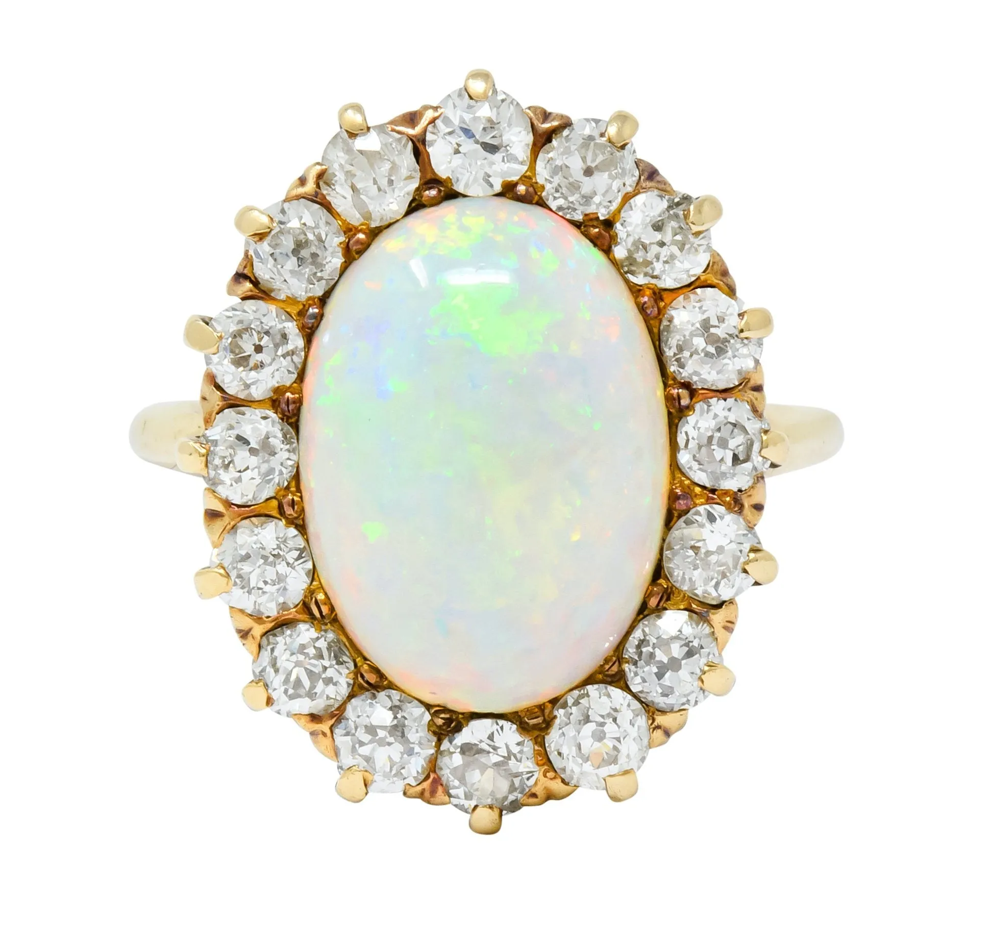 Late Victorian 1.92 CTW Diamond Australian Opal 14 Karat Gold Cluster Ring