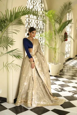 Latest bridal designer wedding outfit in lavish blue and gold color # B3444