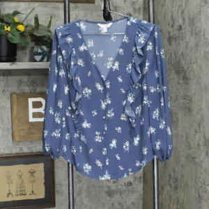 LC Lauren Conrad Ruffle Front V-Neck Long Sleeve Blouse Shirt Top Blue Floral M