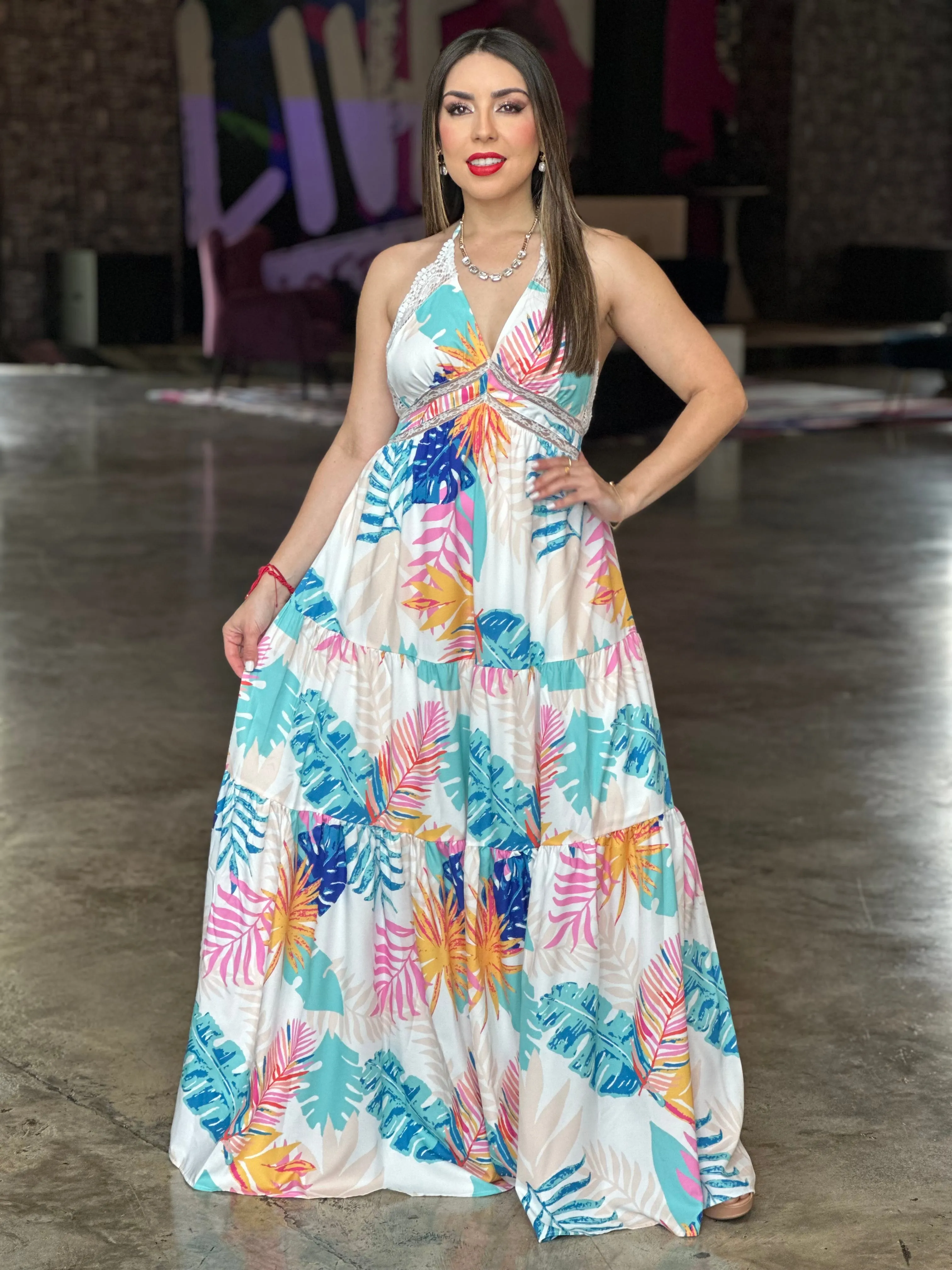 Leaf Print Maxi Dress
