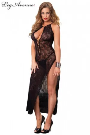 Leg Avenue Swirl Lace Long Dress With Lace Up Front G-String 8536