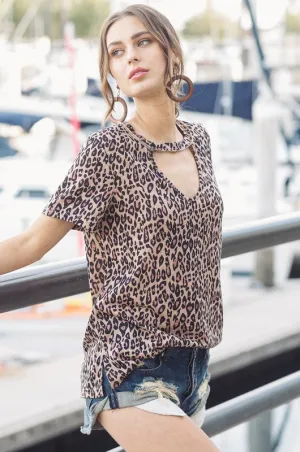 Leopard print V-Neck Short Sleeve Cutout Top