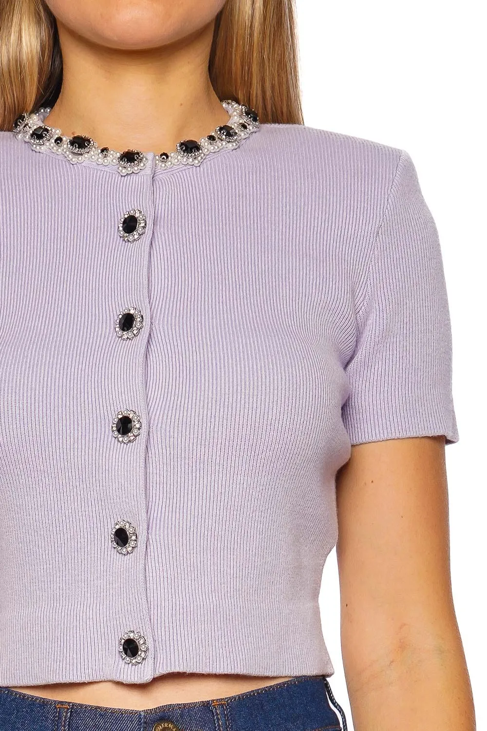 Lilac Embellished Rib Knit Top