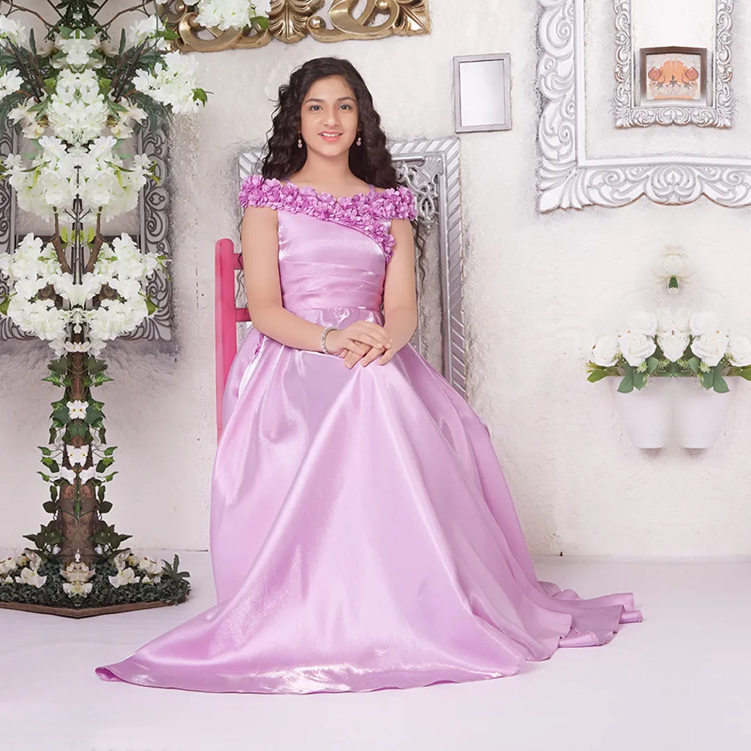 Lilac Long Satin Flowy Gown for Girls