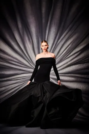 Long Sleeve Draped Off the Shoulder Mermaid Gown