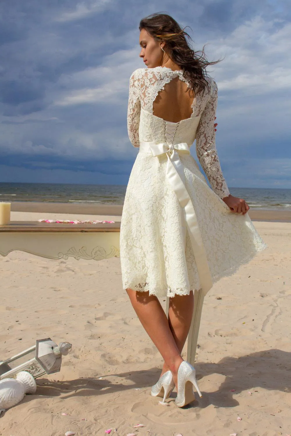 Long Sleeve Jewel Neck A-Line Knee Length Lace Gown With Satin Sash-ET_711549