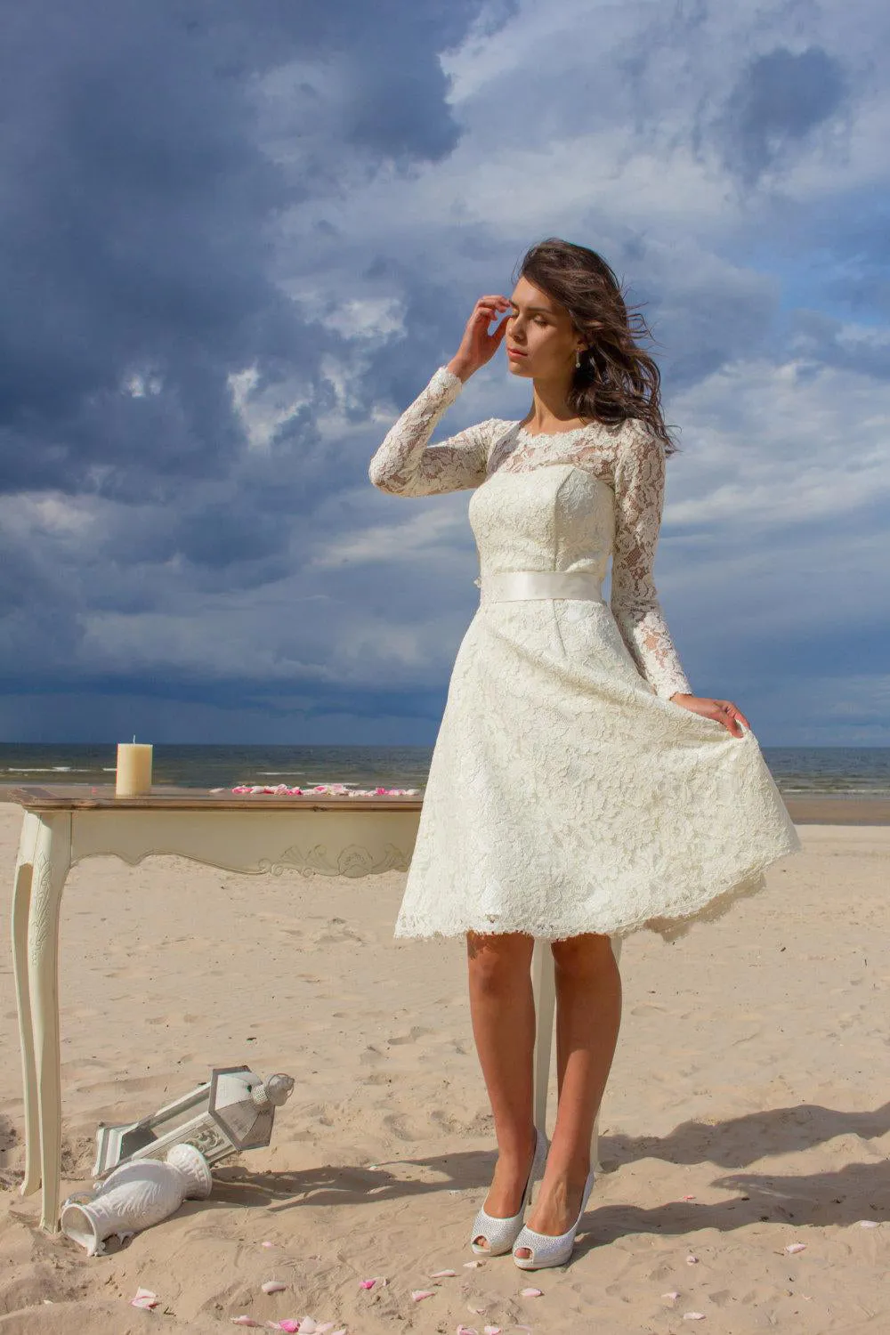 Long Sleeve Jewel Neck A-Line Knee Length Lace Gown With Satin Sash-ET_711549
