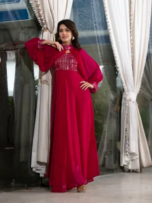Magenta Sequin Dress With Cape Sleeve