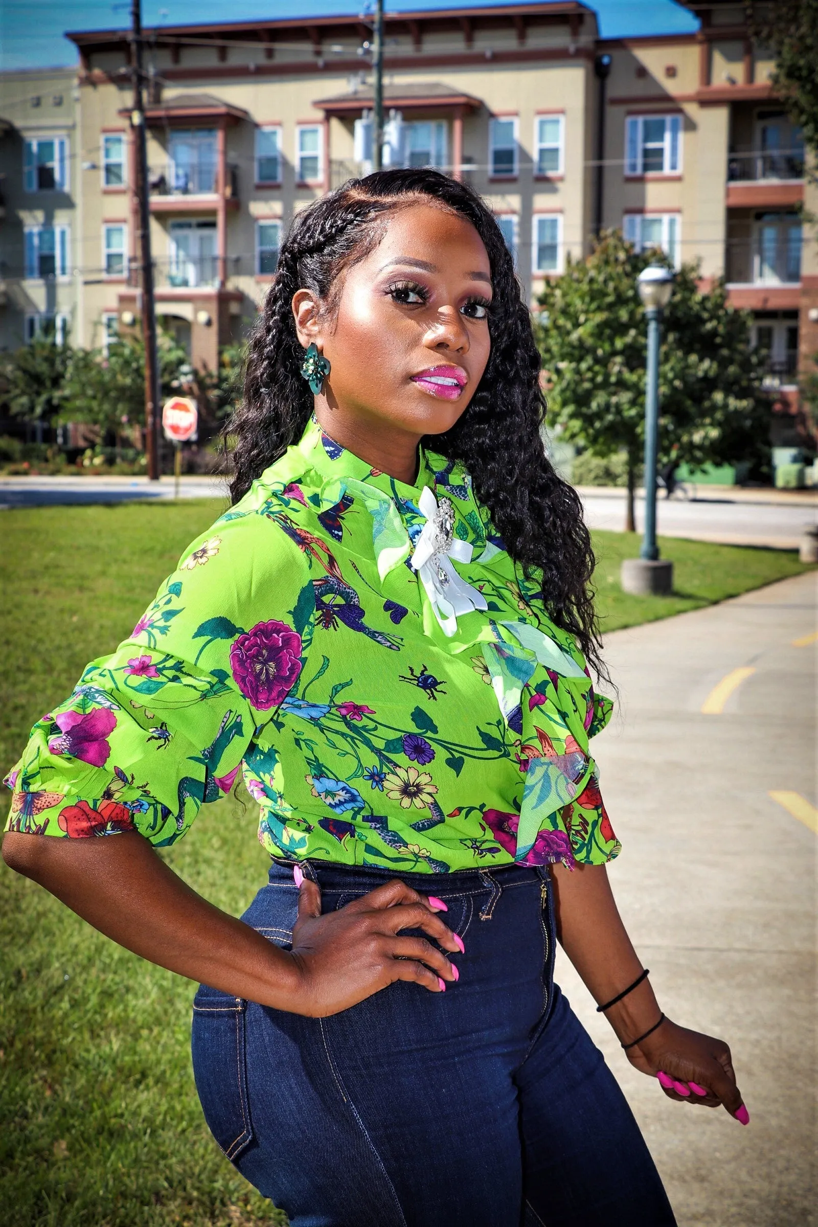 Malaysia Lime Green Multi Color Floral Print Top