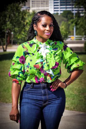 Malaysia Lime Green Multi Color Floral Print Top