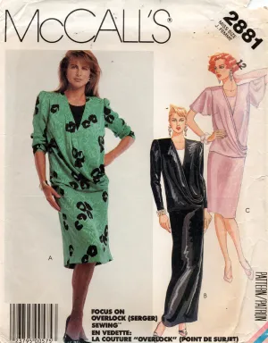 McCall's 2881 Womens Asymmetric Draped Front Dress or Evening Gown 1980s Vintage Sewing Pattern Size 12 Bust 34 inches UNCUT Factory Folded