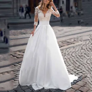 Mermaid V-Neck Sleeveless Sweep Train Lace Satin Wedding Dress