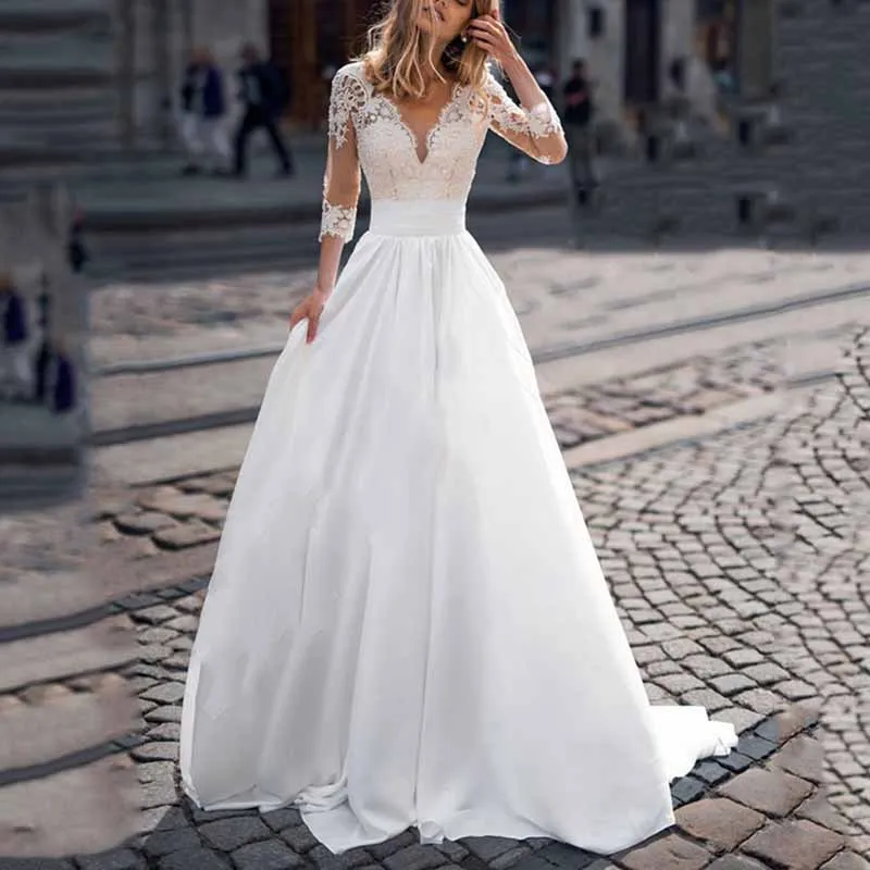 Mermaid V-Neck Sleeveless Sweep Train Lace Satin Wedding Dress
