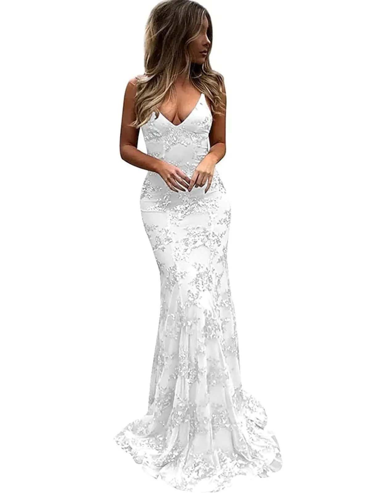 Mermaid V Neck Sleeveless Sweep Tulle Evening Dress, Beading Lace