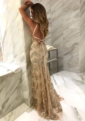 Mermaid V Neck Sleeveless Sweep Tulle Evening Dress, Beading Lace