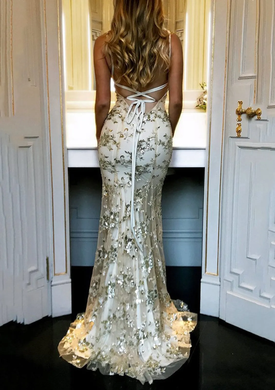 Mermaid V Neck Sleeveless Sweep Tulle Evening Dress, Beading Lace